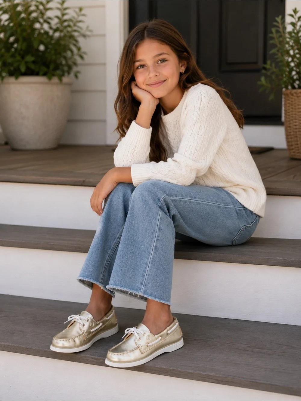 Sperry Kids Metallic Gold Boat Moccasins with White Soles